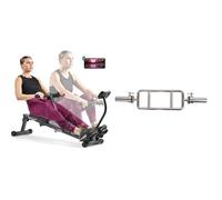 Sunny Health & Fitness Smart Compact Adjustable Rowing Machine, 12 Levels Adjustable Resistance + 86 cm Olympic Triceps Bar with Ring Collars, Olympic Weight for Weightlifting and Bodybuilding