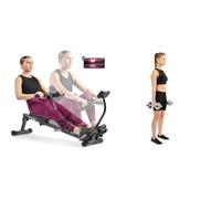 Sunny Health & Fitness Smart Compact Adjustable Rowing Machine, 12 Levels Adjustable Resistance + Adjustable 15 KG Dumbbell Set w/Carry Case, Space Saver, Secure Quick-Lock