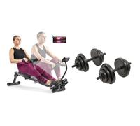 Sunny Health & Fitness Smart Compact Adjustable Rowing Machine, 12 Levels Adjustable Resistance + Exercise Vinyl 18 KG Dumbbell Set Hand Weights for Strength Training, Weight Loss, Workout Bench
