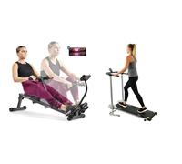 Sunny Health & Fitness Smart Compact Adjustable Rowing Machine, 12 Levels Adjustable Resistance + Foldable Manual Treadmill, Compact Cardio Fitness, Durable Non-Electric Incline Exercise