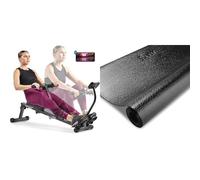 Sunny Health & Fitness Smart Compact Adjustable Rowing Machine, 12 Levels Adjustable Resistance + Treadmill Mat -Medium - NO. 074-M, Black