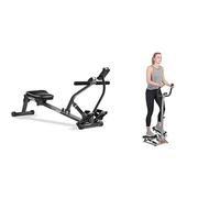 Sunny Health & Fitness Smart Compact Adjustable Rowing Machine, 12 Levels Adjustable Resistance + Twister Stepper Machine, Height Adjustable Stepper w/Handlebars & LCD Monitor