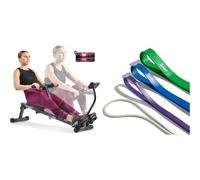 Sunny Health & Fitness Smart Compact Adjustable Rowing Machine, 12 Levels Adjustable Resistance + Versatile Resistance Bands (Single or Combination Set) - 4.5-35kg Combo