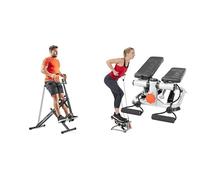 Sunny Health & Fitness Upright Row-N-Ride, Versatile Full-Body Workout Squat Assist Trainer + Advanced Mini Home Steppers with Resistance Bands