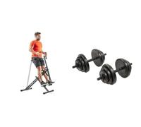 Sunny Health & Fitness Upright Row-N-Ride, Versatile Full-Body Workout Squat Assist Trainer + Exercise Vinyl 18 KG Dumbbell Set Hand Weights for Strength Training, Weight Loss, Workout Bench