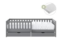 Sunny Isa Letto singolo bambini, 2 cassetti, grigio | Barriera di sicurezza - Materasso ibrido 90x200 incluso (14 cm, schiuma ibrida, rivestimento in poliestere) | Dimensioni totali: 206 x 98 x 65 cm