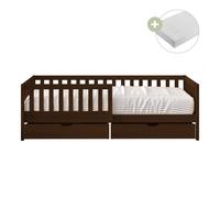 Sunny Isa Letto singolo bambini, 2 cassetti, marrone | Barriera di sicurezza - Materasso ibrido 90x200 incluso (14 cm, schiuma ibrida, rivestimento in poliestere) | Dimensioni totali: 206 x 98 x 65 cm