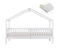 Sunny Kae Letto a capanna con barriera di sicurezza, bianco | Materasso ibrido 90 x 200 incluso (14 cm, schiuma ibrida, rivestimento in poliestere) | Dimensioni totali: 207 x 96 x 156,5 cm