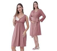 SUNNYBUY Camicia da notte premaman e allattamento con vestaglia, 2 pezzi, 3 in 1, per nascita, letto settimanale e allattamento, biancheria da notte ospedaliera, rosa antico, L