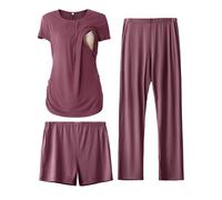 SUNNYBUY Pigiama Premaman per Donna 3 Pezzi - Maglietta Allattamento a Maniche Corte, Pantaloncini e Pantaloni Premaman, Bordeaux L