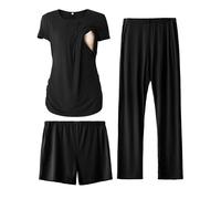 SUNNYBUY Pigiama Premaman per Donna 3 Pezzi - Maglietta Allattamento a Maniche Corte, Pantaloncini e Pantaloni Premaman, Nero L