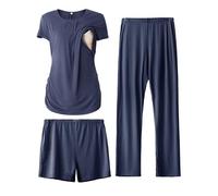 SUNNYBUY Pigiama Premaman per Donna 3 Pezzi - Maglietta Allattamento a Maniche Corte, Pantaloncini e Pantaloni Premaman, Blu Navy L