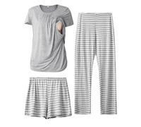 SUNNYBUY Pigiama Premaman per Donna 3 Pezzi - Maglietta Allattamento a Maniche Corte, Pantaloncini e Pantaloni Premaman, Grigio&Righe M