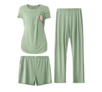 SUNNYBUY Pigiama Premaman per Donna 3 Pezzi - Maglietta Allattamento a Maniche Corte, Pantaloncini e Pantaloni Premaman, Verde Salvia XL