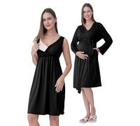 SUNNYBUY Set 2-pezzi con accappatoio da gravidanza e per l'allattamento | Set 3-in-1 da notte per gravidanza per nascita, degenza e allattamento, biancheria da notte per ospedale, Nero , L