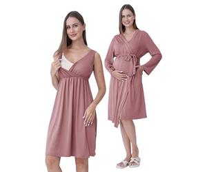 SUNNYBUY Set 2-pezzi con accappatoio da gravidanza e per l'allattamento | Set 3-in-1 da notte per gravidanza per nascita, degenza e allattamento, biancheria da notte per ospedale, rosa antico, L