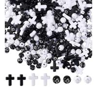 SUNNYCLUE 1 Borsa 400 pezzi Perline A Croce Rotonde Perline A Croce Bianche e Nere Rosario Pasquale Piccolo Crocifisso In Plastica Acrilica Croci Perline Distanziatrici Alla Rinfusa per La Creazione d