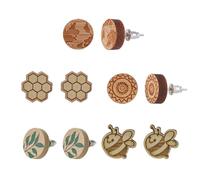 SUNNYCLUE 1 Confezione da 6 Paia di Orecchini A Bottone in Legno Set di Ciondoli Rotondi Piatti in Legno Naturale Cabochon Fiore Bussola Cuore con Dadi per Le Orecchie in Acciaio Inossidabile