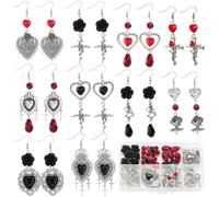SUNNYCLUE 1 Scatola 10 Paia Kit per Realizzare Orecchini di Halloween Ciondoli A Cuore Gotico Croce Scheletro Ciondolo A Teschio Fiore Rosa Perle di Vetro Rosso Nero per Kit per Creazione di Gioielli