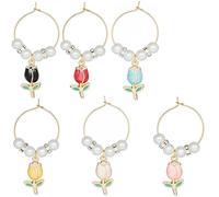 SUNNYCLUE 1 scatola 12 set di Ciondoli per Bicchieri di Vino Identificatori di Bevande Marcatori per Bicchieri di Vino Smalto Floreale Primaverile Ciondoli per Fiori di Tulipano Imitazione di Perle Ce