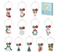 SUNNYCLUE 1 scatola 12 set di Ciondoli per Vino di Natale Identificatori di Bevande Marcatori per Bicchieri di Vino In Argento Albero di Natale Smaltato Perline Verdi Rosse Anelli per Perline di Bicch