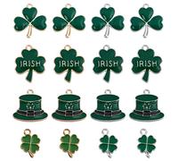 SUNNYCLUE 1 Scatola 40 Pezzi 8 Stile Quadrifoglio Charm St. San Patrizio Smalto Lucky 4 Leaf Clover Charms Cappello Irish Shamrock Green Charms per Gioielli Creazione di Ciondoli Orecchini di Buona Fo