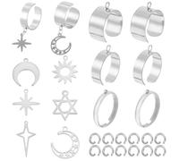 SUNNYCLUE 1 scatola 6 set 32 pezzi Anello Regolabile con Ciondolo Anelli Alla Moda Set 18mm Argento Acciaio Inossidabile Stelle Sole Luna Anello per Gioielli Creazione Anelli Accessori Kit Fai Da Te M