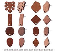 SUNNYCLUE 1 Scatola 8 Paia di Orecchini A Bottone in Legno con Retro Piatto Forme Miste Ciondoli in Legno Foglia di Monstera Ovale A Goccia Piatto Rotondo Rettangolo Noce Marrone con Dadi