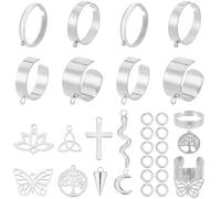SUNNYCLUE 1 scatola 8 set 36 pezzi Anello In Acciaio Inossidabile con Ciondolo Anelli Regolabili 18mm Argento Luna Farfalla Albero Dellsa Vita Anello Pendente per La Creazione di Gioielli Fai Da Te An