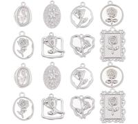 SUNNYCLUE 1 scatola 8 stili 32 pezzi Ciondoli A Forma di Rosa In Argento Ciondoli Floreali In Metlega Lega Sfusa Barocco Romco Cuore Quadrato Ovale Fiori Primaverili Ciondolo per Creazione di Gioielli