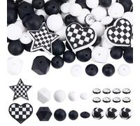 SUNNYCLUE 1 scatola Da 102 pezzi 12 stili di Perline In Silicone A ScacCHIS Perline Centrali Bianche e Nere Stelle Cuori Rondelle Esagonali Distanziatori Sciolti per La Creazione di Gioielli con Perli