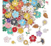 SUNNYCLUE 1 scatola Da 120 pezzi 12 stili Ciondoli A Forma di Fiore In Smalto Ciondoli A Forma di Foglia di Ginkgo Piccole Piante In Lega Foglie Fiori di Ciliegio Pendenti Floreali per La Creazione di