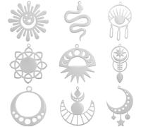 SUNNYCLUE 1 scatola Da 18 pezzi 9 stili Ciondoli per TarocCHIS Ciondoli In Argento Massiccio Sole e Luna In Acciaio Inossidabile Vintage Serpente Girasole Divinazione Buona Fortuna Pendenti per La Cre