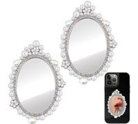 SUNNYCLUE 1 scatola Da 2 pezzi, Ciondolo A Specchio per Telefono, Adesivo A Specchio, Ovale, In Vetro, Piccolo, Argento, Bianco, Strass, Perla Finta, con Adesivi Bifacciali, Charm per Trucco, per Smar