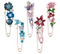 SUNNYCLUE 1 scatola Da 5 pezzi 5 stili Spille di Sicurezza Floreali Grandi Spille Da Kilt In Lega di Metlega Color Oro Rosa Smalto Strass Decorazioni Floreali CHISusura A Clip Spilla Da Colletto per M