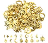 SUNNYCLUE 1 scatola Da 64 pezzi, 16 stili, Ciondoli In Metlega Celestiale, Ciondoli A Forma di Sole, Luna e Stella, In Lega D'Oro Sfusa, Vintage, Assortiti, A Tema Pianeta, per La Creazione di Gioiell