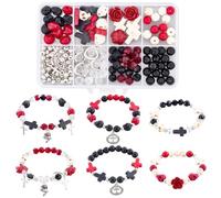 SUNNYCLUE 1 Scatola Fai da Te 6 Set Kit per La Creazione di Braccialetti Perline Teschio Perline Scheletro di Halloween Croce Nera Rossa Croci di Pietra Ciondoli Distanziatori in Vetro per Kit per La