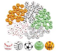 SUNNYCLUE 100 Pz 5 Perline Sportive In Legno Stile Calcio Perline di Legno Baseball Pallacanestro Tennis Perline Pallavolo Calcio Distanziatore Naturale Dipinto Perline Allentate per Creazione di Gioi