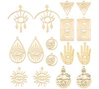 SUNNYCLUE 1Scatola 16Pezzi Ciondoli In Acciaio Inossidabile Stile Tarocchi Mano di Hamsa Ciondoli Malocchio Piatto Rotondo Sole Luna Ciondolo Rettangolo Carta Bifacciale Ciondoli A Goccia Cava per Cre