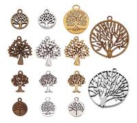 SUNNYCLUE 1Scatola 56pezzi 14 stili Albero Della Vita Ciondoli Albero Ciondoli Vintage Bronzo Antico Primavera Piatto Rotondo Stile Tibetano Ciondoli In Lega per Gioielli Creazione di Ciondoli Fai Da