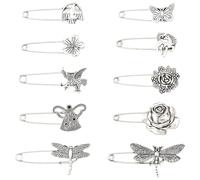 SUNNYCLUE 20 pz 10 stili Spille Da Balia Decorative In Argento per Kilt Spilla di Sicurezza In Metallo Animale Pianta Farfalla Fiore Libellula Uccelli Unicorni Spilla con Bottone per Stringere La Vita