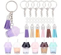 SUNNYCLUE DIY 6 Set Milk Tea Charms Faux Suede Tassel Keychain Making Kit Bubble Tea Charms for Jewellery Making Bear Shape Boba Milk Tea Charm Key Rings Pearl Milk Tea Keychain