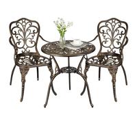 SunnyFurn Taverna da terrazza in alluminio pressofuso, set da 2 pezzi con tavolo e sedia con foro per ombrellone, ideale per cortile, giardino, balcone, piscina, color bronzo
