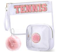Sunnymove 3 sacchetti per cosmetici da tennis con toppa in ciniglia con lettera in ciniglia, sacchetto da toilette trasparente, impermeabile, organizer in PVC con soffice palla da tennis, portachiavi