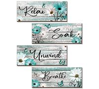 Sunnyray 4 cartelli decorativi da parete per bagno e casa di campagna, margherite, tulipani, fiori e farfalla, arte da parete per bagno, rilassati, rilassati, respiri, rustici, in legno (25 x 10 cm,