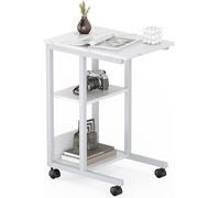 Sunon Tavolino da divano, comodino con 3 ripiani, forma a C, struttura in metallo, piano in legno, ruote bloccabili, bianco
