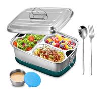SUNOYA Contenitore per il pranzo in acciaio inox, antiperdite, 2000 ml, scatola Bento ha 3 scomparti con cucchiaio e forchetta, ermetico, senza BPA, compatibile con lavastoviglie