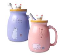 SUNOYA Set di 2 Simpatica Tazza In Ceramica, Tazza da Caffè In Ceramica, con Coperchio con Adorabile Gatto, Cucchiaio con Zampa Di Gatto, 380 ml, per Amanti Dei Gatti, Donne, Ragazze