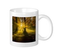Sunrise - Set di tazze da tè con manici, motivo botanico pianta natura, albero del sole, foresta, legno, giallo, verde, porcellana non rovesciabile, riutilizzabile, ufficio, laboratorio, cucina per