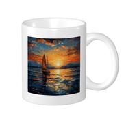 Sunrise - Set di tazze stampate paesaggio nautico, barca nuvola montagna oceano sole bohémien arancione blu porcellana tè infusore per tè riutilizzabile ufficio famiglia dispensa biblioteca tazza da